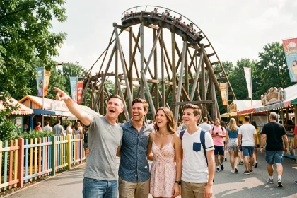 Famille souriante devant les montagnes russes en bois du parc Walibi Rhône-Alpes en été