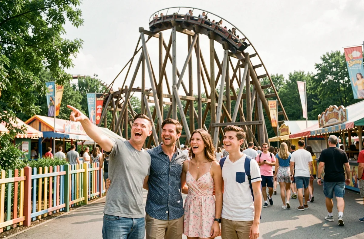 Famille souriante devant les montagnes russes en bois du parc Walibi Rhône-Alpes en été