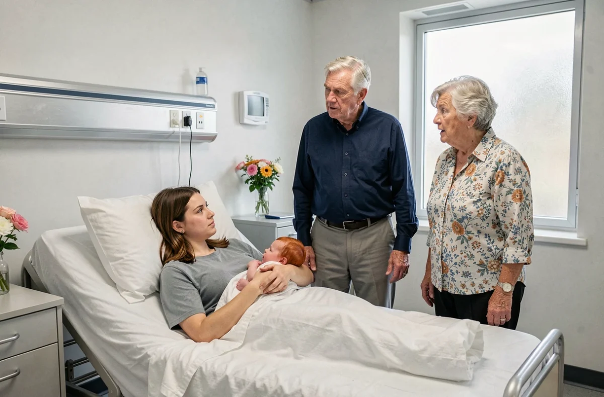 Famille multigénérationnelle réagissant à la naissance d'un bébé roux dans une chambre d'hôpital, avec les grands-parents exprimant la surprise