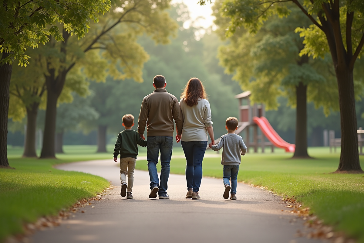 Famille marchant dans un parc paisible