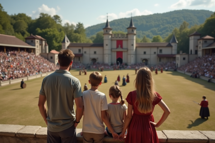 Famille regardant une reconstitution médiévale en extérieur