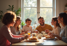 Famille heureuse partageant le petit déjeuner dans la cuisine