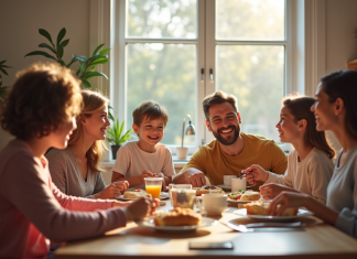 Famille heureuse partageant le petit déjeuner dans la cuisine