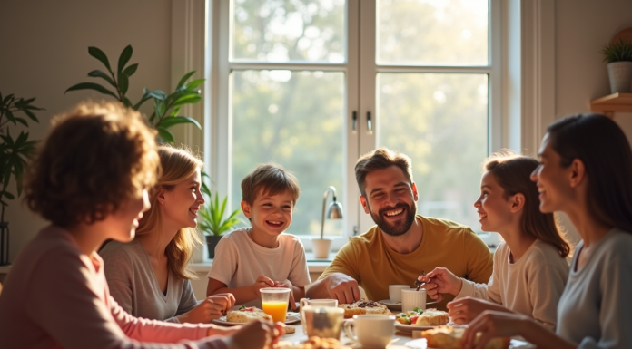 Famille heureuse partageant le petit déjeuner dans la cuisine