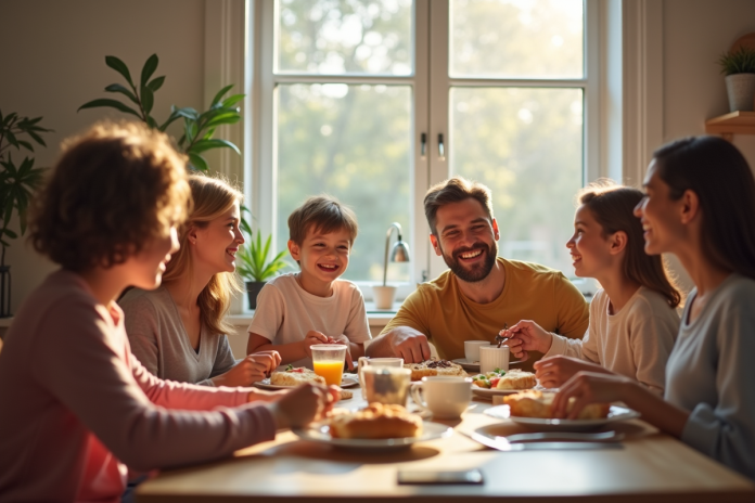 famille-repas-matinal Famille heureuse partageant le petit déjeuner dans la cuisine