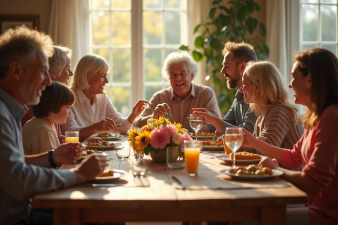 Famille multigenerational partageant un repas convivial