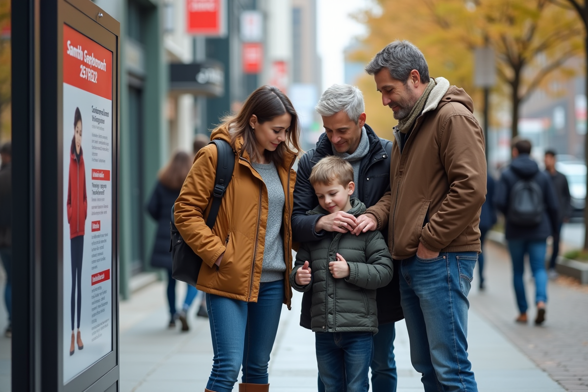 Famille en ville consulte une affiche sur les changements de septembre 2025