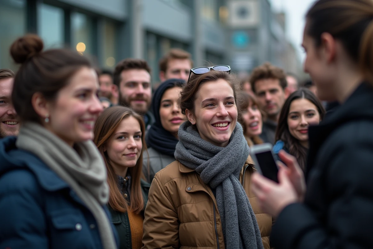 Fans rassemblés devant un studio de télévision français, illustrant la fascination du public pour la vie privée de l'humoriste Jarry
