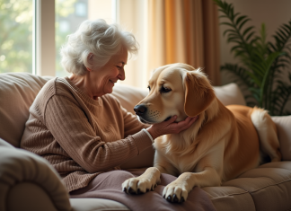 Animaux de compagnie et maladie d’Alzheimer : quel lien ? Femme agee assise avec un retriever doré chaleureux