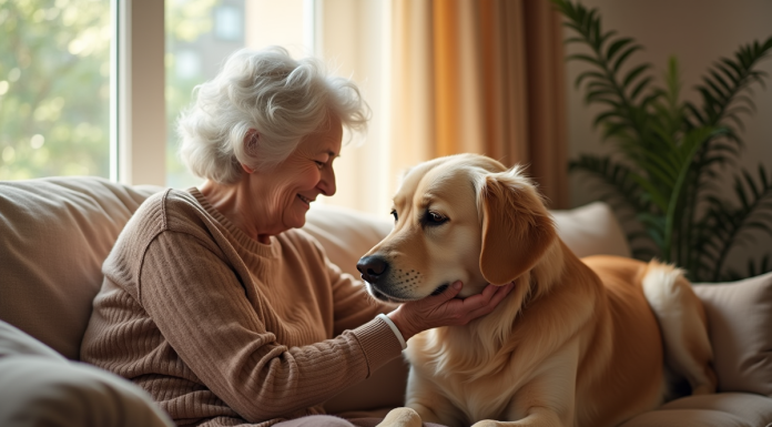 Femme agee assise avec un retriever doré chaleureux