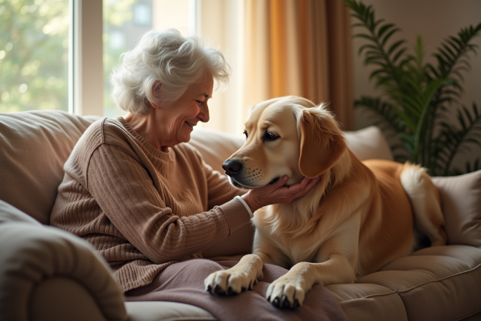femme-agee-retriever-douceur Femme agee assise avec un retriever doré chaleureux