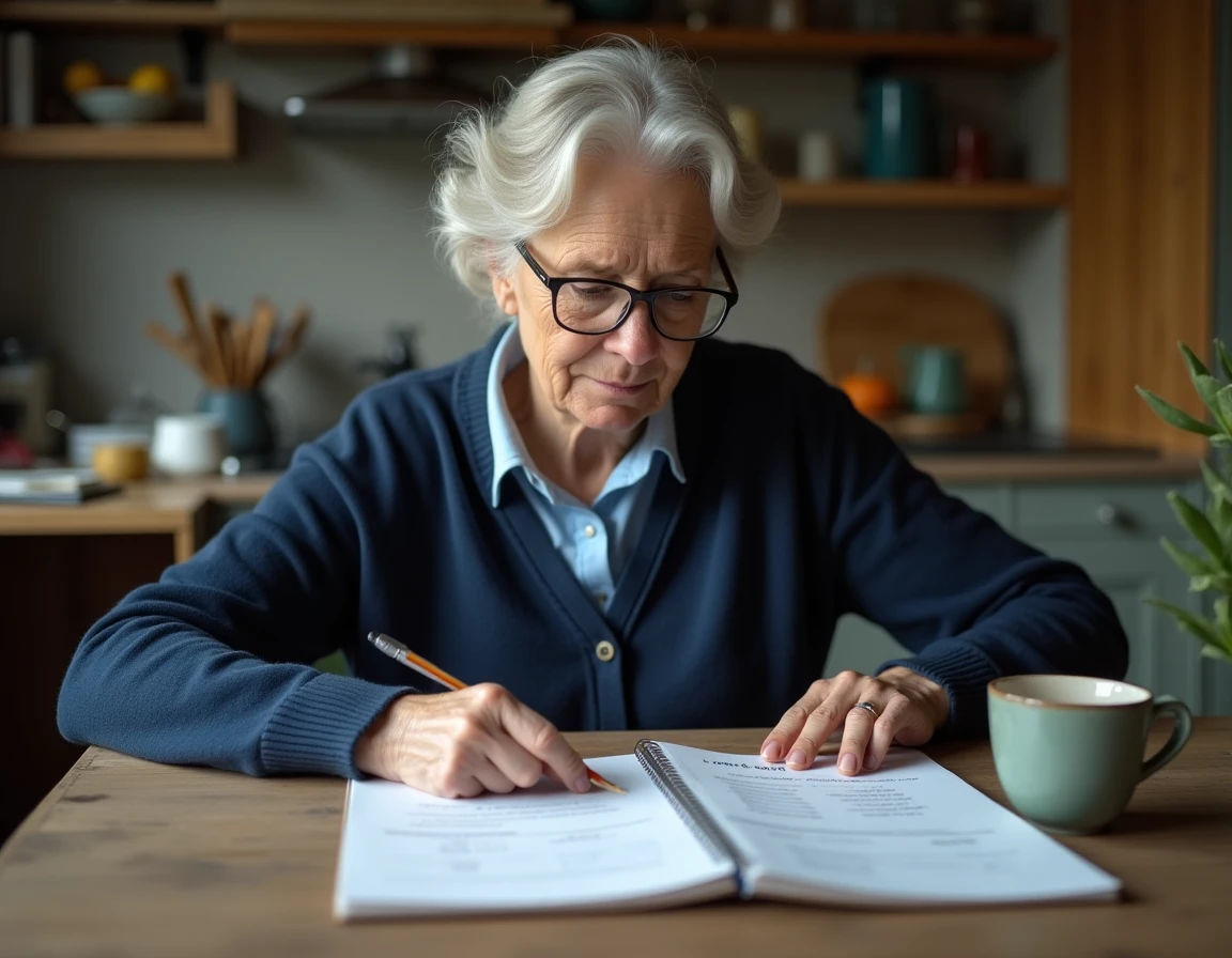 Femme consultant son budget mensuel autour des dates de versement du RSA à la table de cuisine