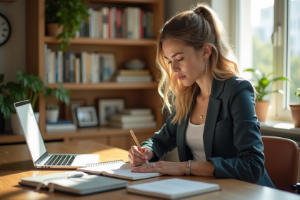 Jeune femme en bureau organisé en train de réfléchir et dessiner