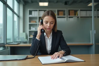 Femme en costume au bureau moderne parlant au téléphone