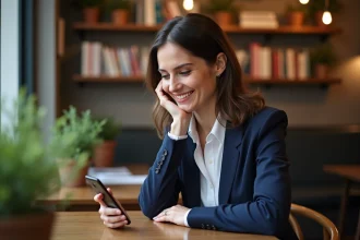 Femme au café parisien regardant son smartphone