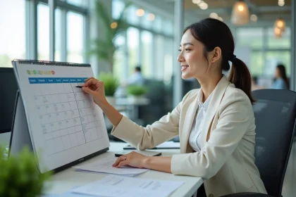 Femme en tenue de bureau regardant un calendrier color&eacute;