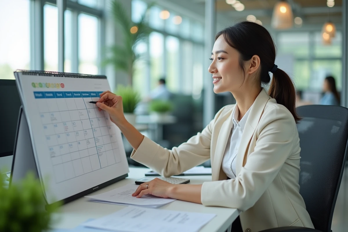 Femme en tenue de bureau regardant un calendrier coloré