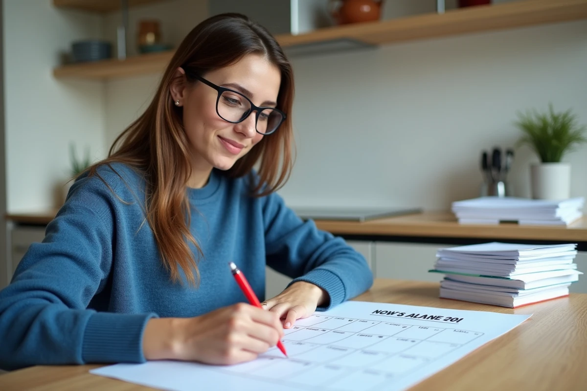 Jeune femme marque semaines sur calendrier dans cuisine