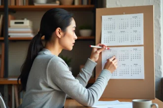 Femme consultant un calendrier mural pour identifier les semaines paires et impaires