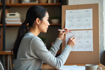 Femme consultant un calendrier mural pour identifier les semaines paires et impaires