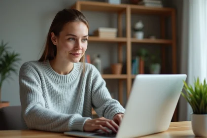 Femme consultant son compte Orchestra en ligne sur un ordinateur portable pour suivre ses commandes