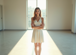 Jeune femme confiante debout près d'une ligne blanche