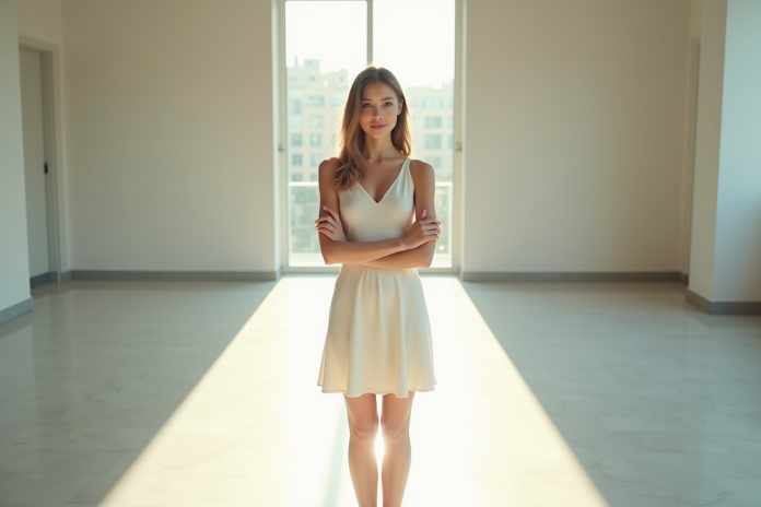 femme-confiance-ligne-blanche Jeune femme confiante debout près d'une ligne blanche