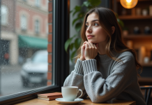 Femme : trouver les raisons de sa distance émotionnelle Femme contemplative assise dans un café avec vue extérieure