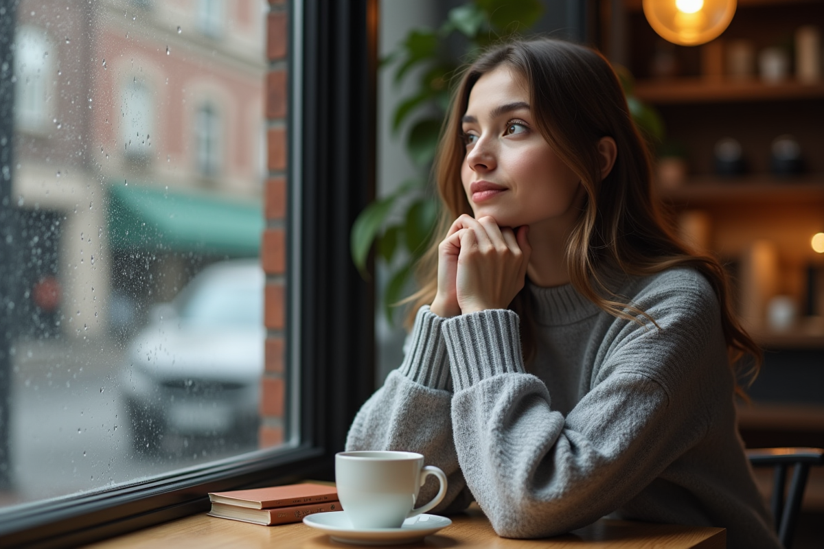Femme contemplative assise dans un café avec vue extérieure