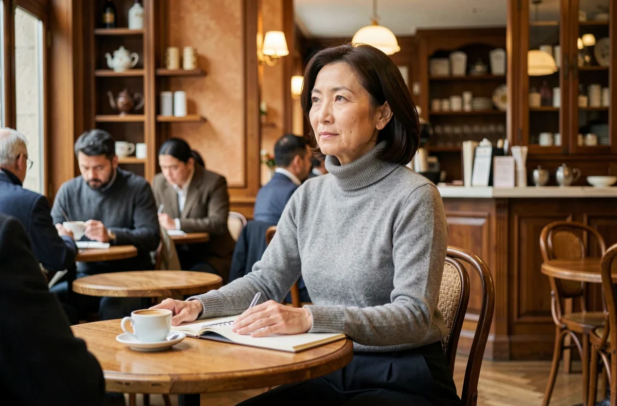 Femme discrète et élégante d'origine franco-asiatique assise dans un café parisien avec un carnet et un expresso