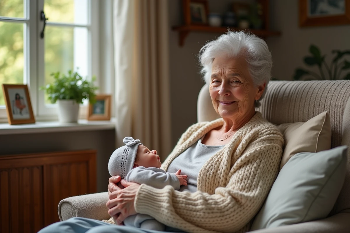 Femme âgée tenant un bébé reborn dans un salon chaleureux