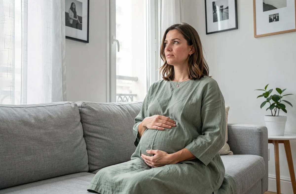 Femme enceinte assise dans un appartement parisien moderne, illustrant l'intimité et la maternité dans le respect de la vie privée