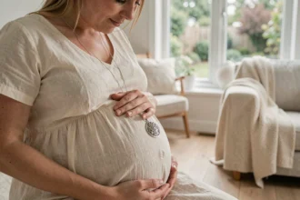 Femme enceinte portant un bola de grossesse en argent sur son ventre arrondi dans un intérieur scandinave chaleureux