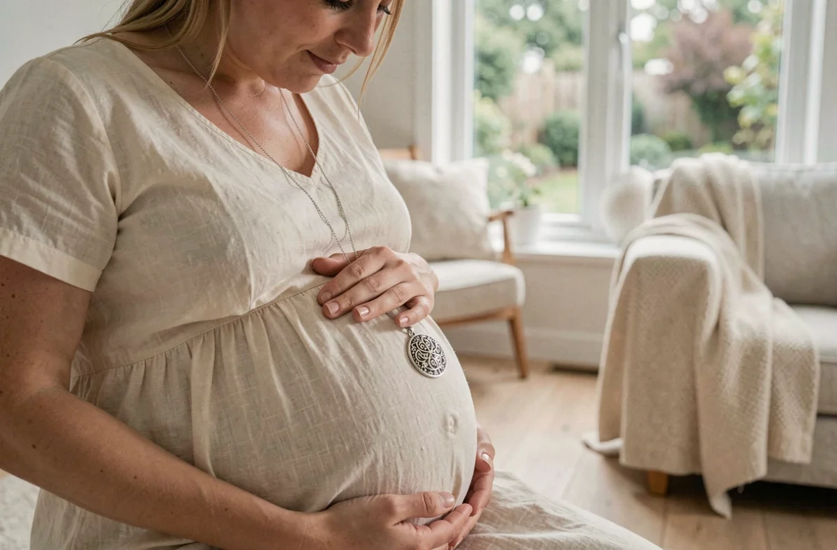 Femme enceinte portant un bola de grossesse en argent sur son ventre arrondi dans un intérieur scandinave chaleureux