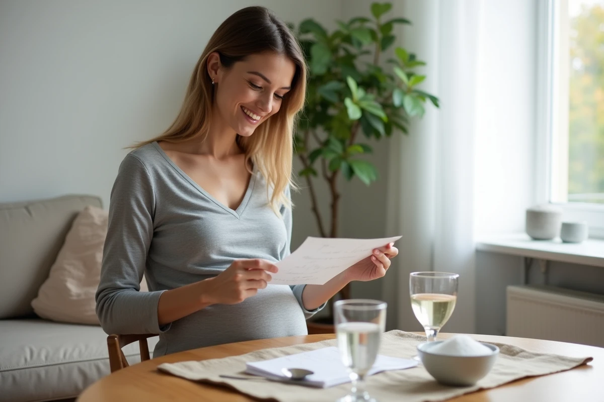 Femme enceinte assise à une table réalisant le test du sel pour prédire le sexe du bébé