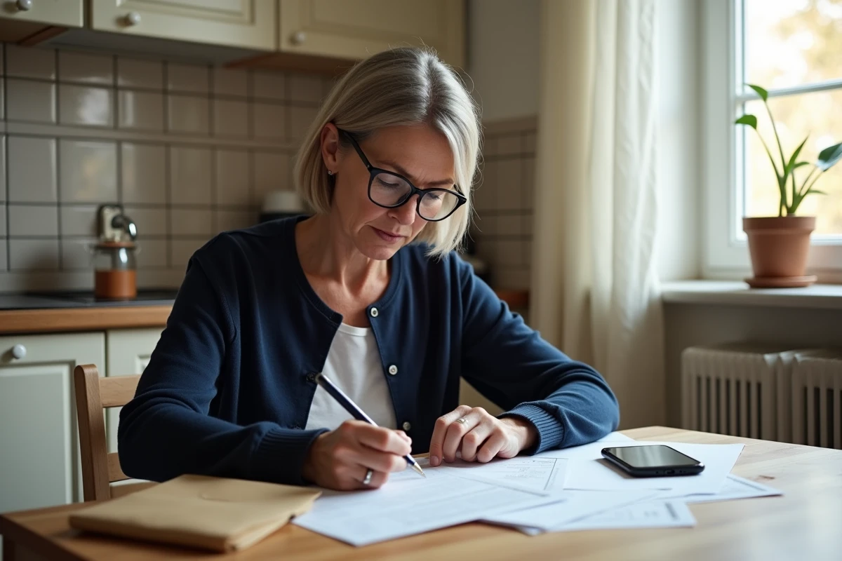 Femme remplissant un formulaire CAF pour l'actualisation du RSA à la table de sa cuisine