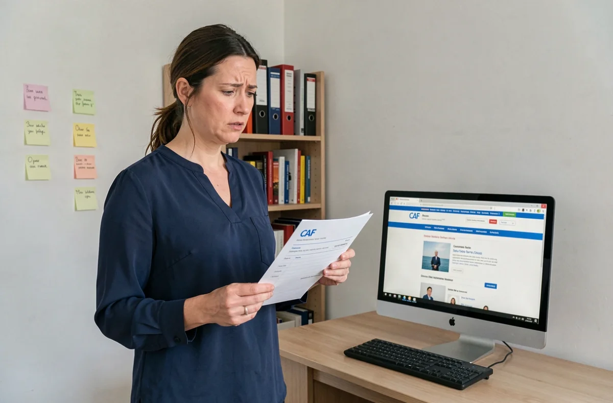 Femme consultant le site de la CAF avec un formulaire administratif dans un bureau à domicile