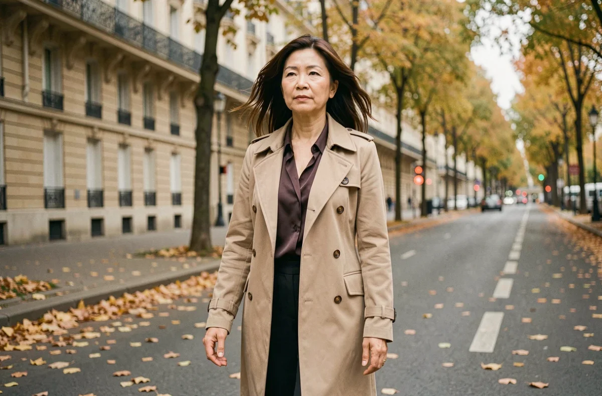 Femme d'origine franco-asiatique marchant élégamment sur une avenue parisienne en automne avec des feuilles dorées au sol