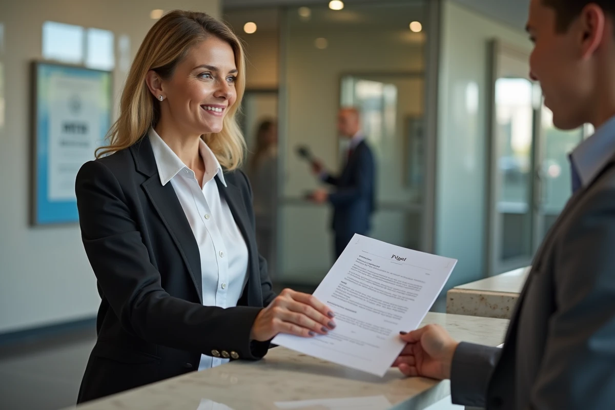 Femme professionnelle remettant un dossier à un agent administratif