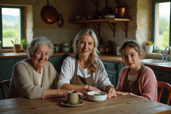 Femme d'âge moyen en cuisine rurale française chaleureuse