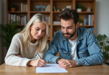 Femme et jeune homme remplissant un formulaire de location