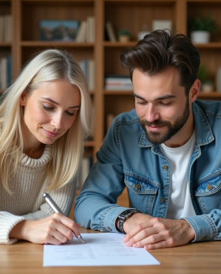 Femme et jeune homme remplissant un formulaire de location
