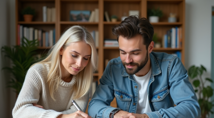 Femme et jeune homme remplissant un formulaire de location