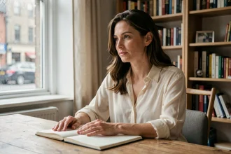 Femme journaliste réfléchissant dans un bureau à domicile intimiste, illustrant la vie privée et la maternité