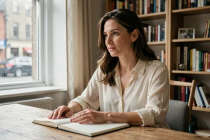 Femme journaliste réfléchissant dans un bureau à domicile intimiste, illustrant la vie privée et la maternité