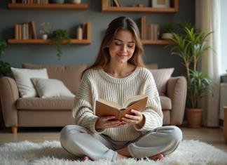Femme lisant un livre dans un salon cosy et chaleureux