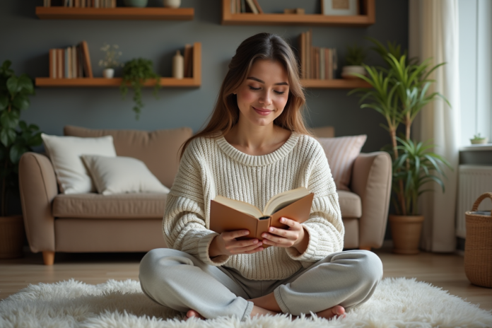 femme-liseuse-confort-home Femme lisant un livre dans un salon cosy et chaleureux
