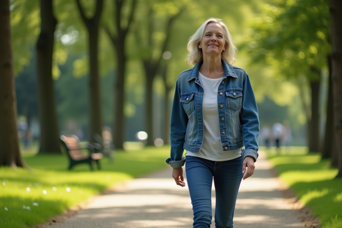 Femme marche dans un parc vert et paisible en plein air