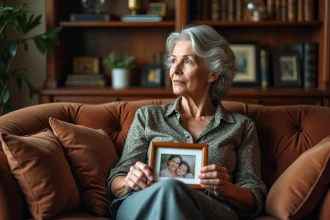 Femme mature en intérieur tenant une photo de famille