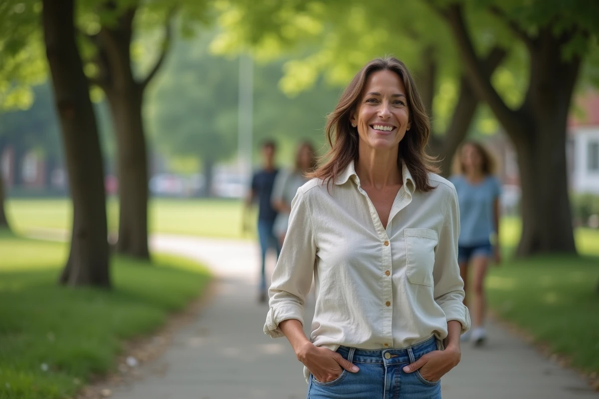Femme m&eacute;diterran&eacute;enne marchant avec ses enfants dans un parc